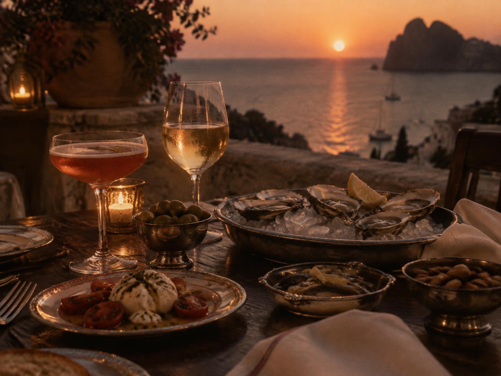 Oysters, cocktails and wine at sunset
